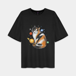 Женская футболка Oversize хлопок premium Космическая кошка с планетами и молнией