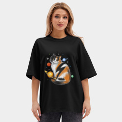 Женская футболка Oversize хлопок premium Космическая кошка с планетами и молнией - фото 2