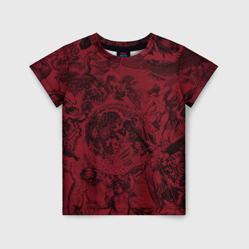 Детская футболка 3D с принтом Битва ангелов и демонов на красном фоне, вид спереди #2