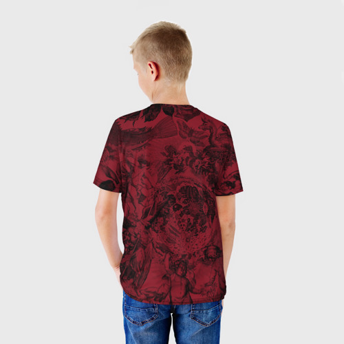 Детская футболка 3D с принтом Битва ангелов и демонов на красном фоне, вид сзади #2