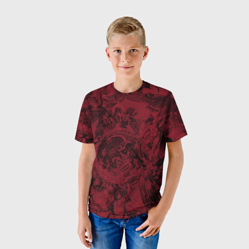 Детская футболка 3D с принтом Битва ангелов и демонов на красном фоне, фото на моделе #1