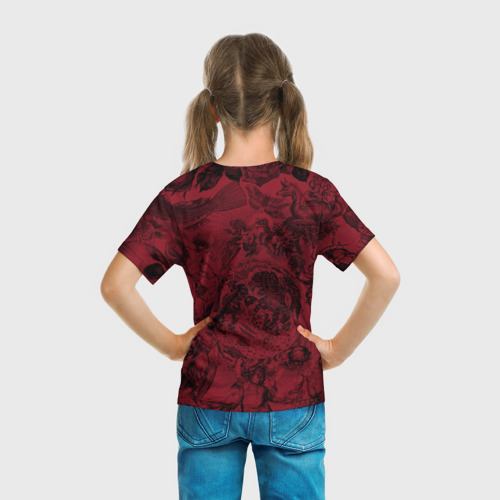Детская футболка 3D с принтом Битва ангелов и демонов на красном фоне, вид сзади #2