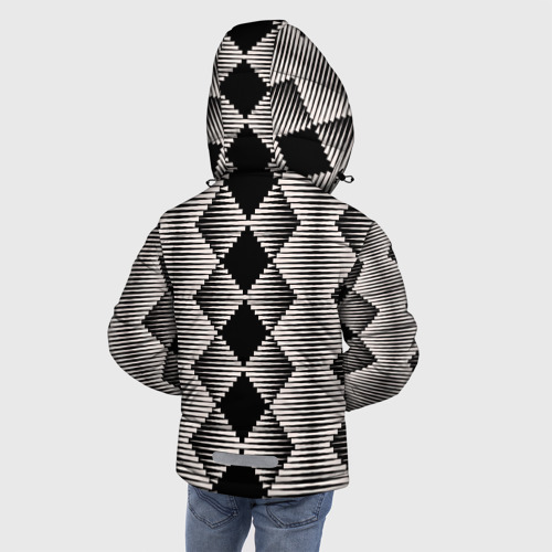 Зимняя куртка для мальчиков 3D с принтом Черные бежевые ромбы, вид сзади #2