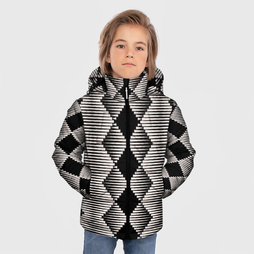 Зимняя куртка для мальчиков 3D с принтом Черные бежевые ромбы, фото на моделе #1