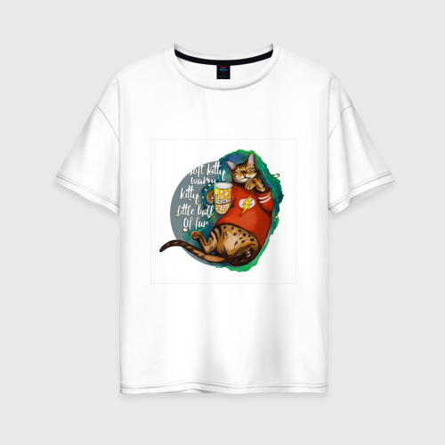 Женская футболка из хлопка оверсайз с принтом бенгальский кот киноман с попкорном, вид спереди №1