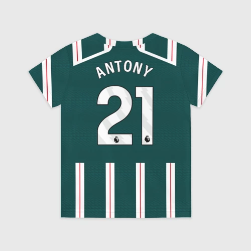 Детская футболка 3D с принтом Антони МЮ форма 23-24 гостевая, вид сзади #1
