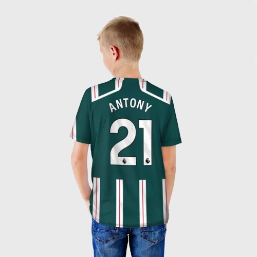 Детская футболка 3D с принтом Антони МЮ форма 23-24 гостевая, вид сзади #2