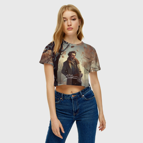 Женская футболка Crop-top 3D Пушкин в зимнем дворе, цвет 3D печать - фото 3