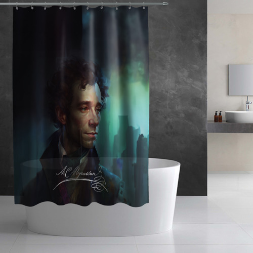 Штора 3D для ванной Портрет Пушкина с подписью - фото 2