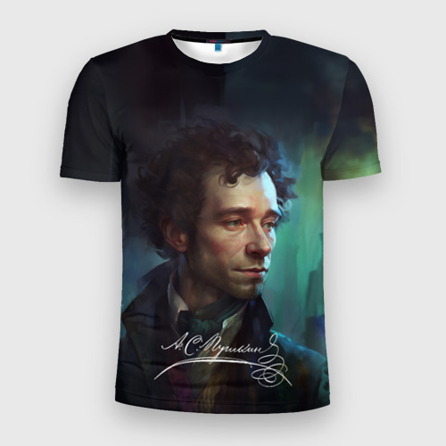 Мужская футболка 3D Slim Портрет Пушкина с подписью, цвет 3D печать