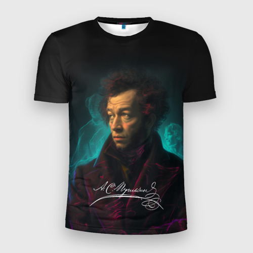 Мужская футболка 3D Slim с принтом Пушкин неоновый свет, вид спереди #2