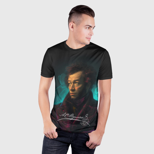 Мужская футболка 3D Slim с принтом Пушкин неоновый свет, фото на моделе #1