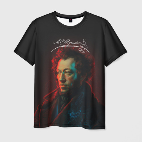 Мужская футболка с принтом Пушкин в неоновом свете, вид спереди №1