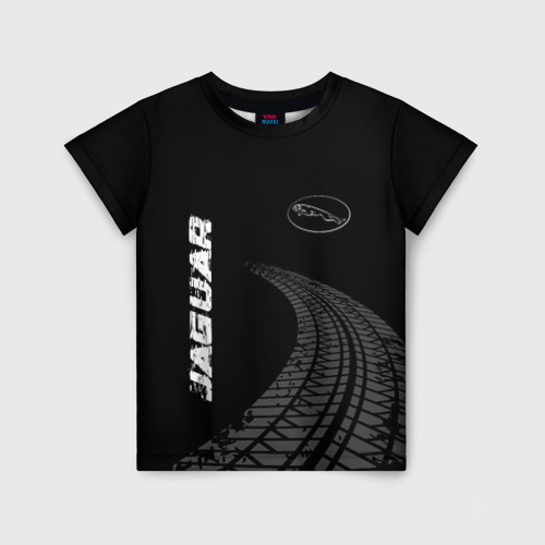 Детская футболка 3D с принтом Jaguar speed на темном фоне со следами шин: надпись, символ, вид спереди #2