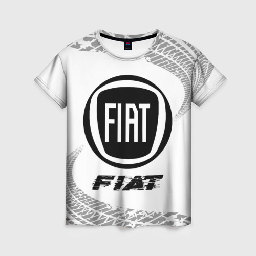 Женская футболка 3D с принтом Fiat speed на светлом фоне со следами шин, вид спереди #2