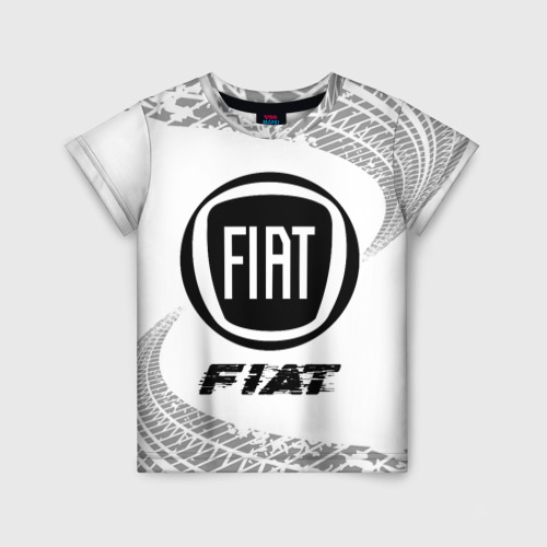 Детская футболка с принтом Fiat Speed на светлом фоне со следами шин, вид спереди №1