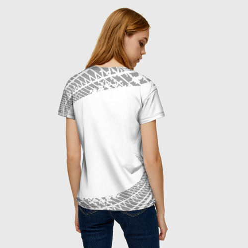 Женская футболка 3D с принтом Fiat speed на светлом фоне со следами шин, вид сзади #2