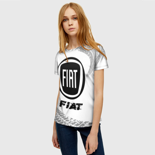 Женская футболка 3D с принтом Fiat speed на светлом фоне со следами шин, фото на моделе #1