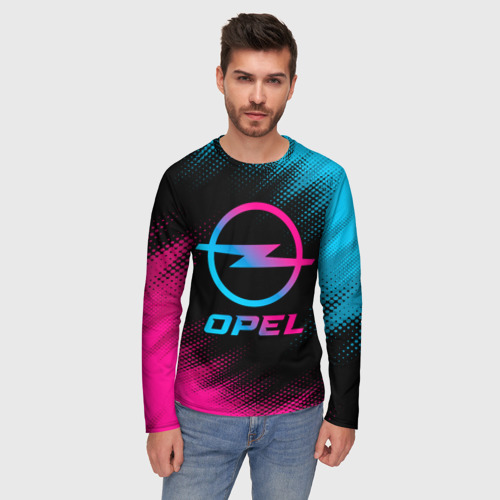 Мужской лонгслив 3D с принтом Opel - neon gradient, фото на моделе #1