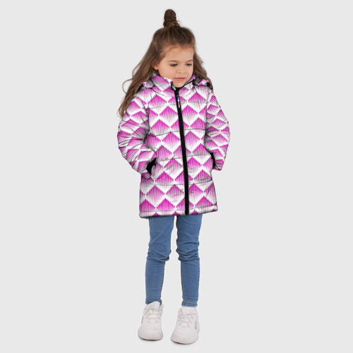 Зимняя куртка для девочек 3D с принтом Розовые вдавленные ромбы, вид сбоку #3