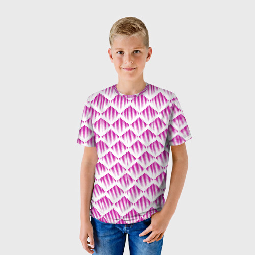 Детская футболка 3D с принтом Розовые вдавленные ромбы, фото на моделе #1