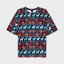 Мужская футболка oversize 3D Новогодние олени и снежинки узор