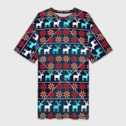 Платье-футболка 3D Новогодние олени и снежинки узор