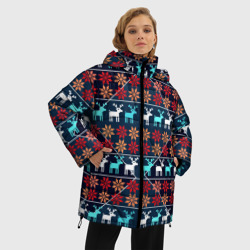 Женская зимняя куртка Oversize Новогодние олени и снежинки узор - фото 2