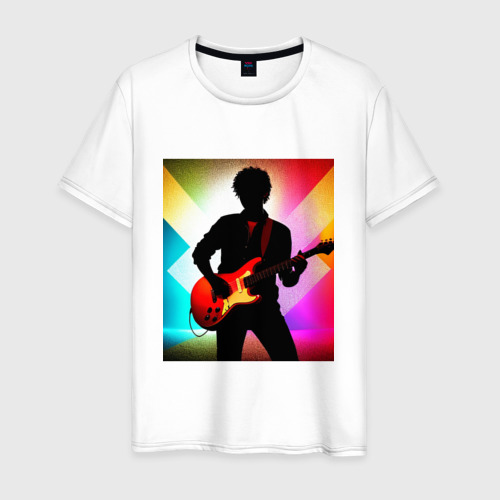 Мужская футболка из хлопка с принтом Гитарист силуэт, вид спереди №1