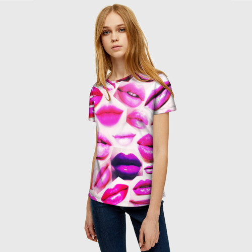 Женская футболка 3D с принтом Много розовых губ, фото на моделе #1