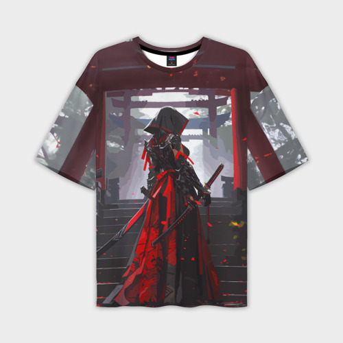 Мужская футболка оверсайз с принтом Девушка самурай и храм, вид спереди №1