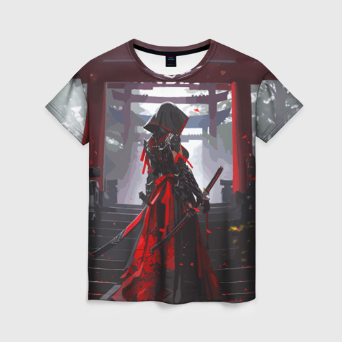 Женская футболка с принтом Девушка самурай и храм, вид спереди №1