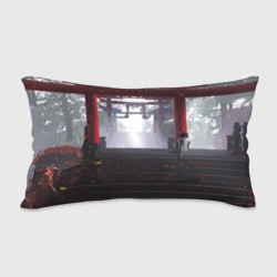 Подушка с принтом Девушка самурай и храм для любого человека, вид сзади №1. Цвет основы: белый