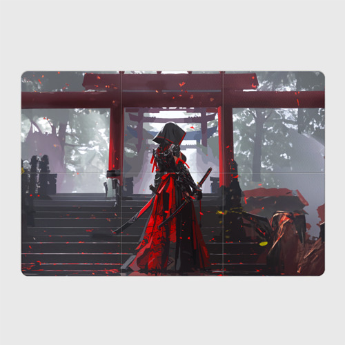 Магнитный плакат 3x2 с принтом Девушка самурай и храм, вид спереди №1