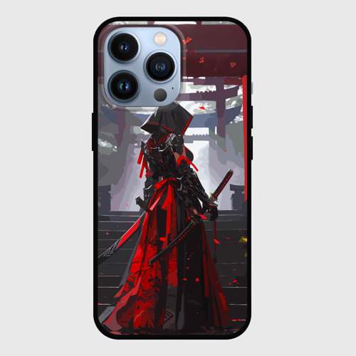 Чехол для iPhone 13 Pro с принтом Девушка самурай и храм, вид спереди №1