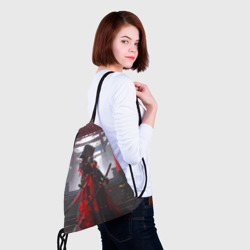 Рюкзак с принтом Девушка самурай и храм для любого человека, вид спереди №4. Цвет основы: белый