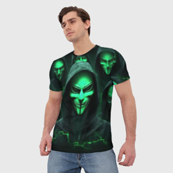 Мужская футболка 3D Анонимусы в зеленом свете - фото 2