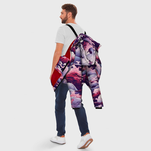Мужская зимняя куртка 3D с принтом Волны в Японском стиле, вид сзади #2