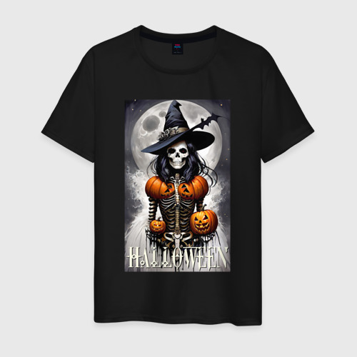 Мужская футболка хлопок Witch - skeleton - halloween, цвет черный