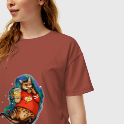 Женская футболка хлопок Oversize Ленивый бенгальский кот с попкорном - фото 2