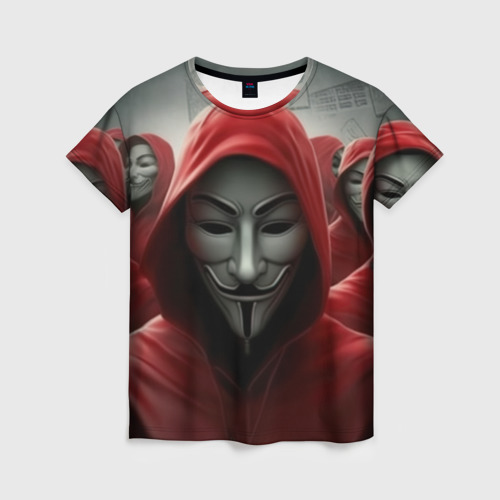 Женская футболка 3D с принтом Анонимусы в красных капюшонах, вид спереди #2