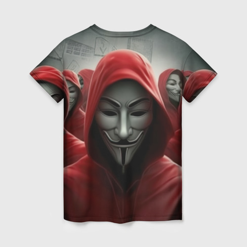 Женская футболка 3D с принтом Анонимусы в красных капюшонах, вид сзади #1