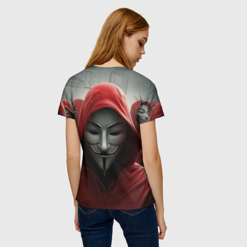 Женская футболка 3D с принтом Анонимусы в красных капюшонах, вид сзади #2