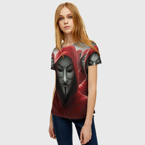 Женская футболка 3D с принтом Анонимусы в красных капюшонах, фото на моделе #1
