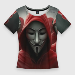 Женская футболка 3D Slim Анонимусы в красных капюшонах