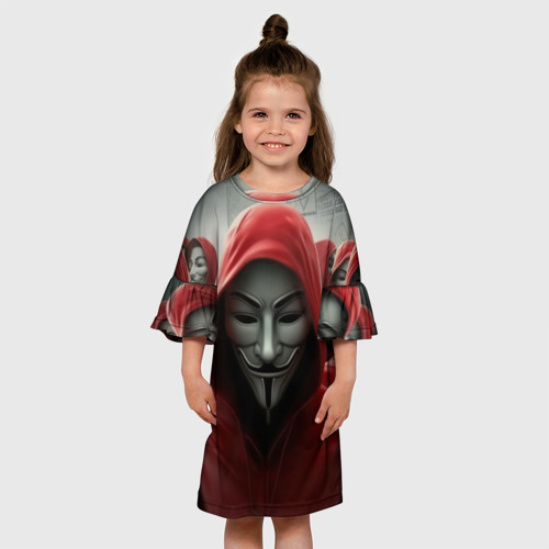 Детское платье 3D с принтом Анонимусы в красных капюшонах, вид сбоку #3
