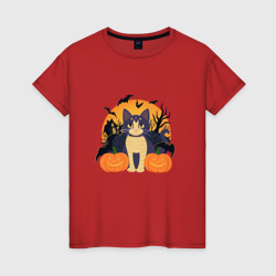 Женская футболка хлопок Хэллоуин и кот
