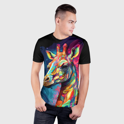Мужская футболка 3D Slim с принтом Психоделический жираф, фото на моделе #1
