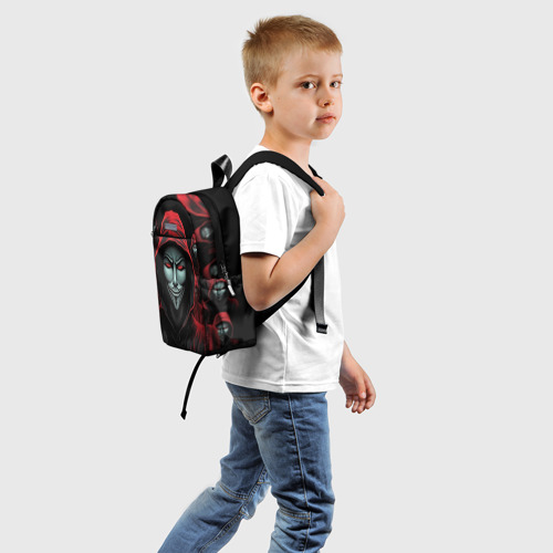 Детский рюкзак 3D с принтом Анонимус красный капюшон, вид сзади #1