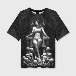 Женская футболка oversize 3D Ведьма на троне из черепов